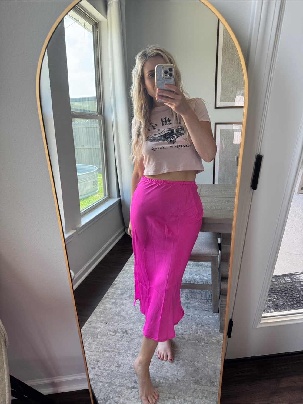 Neon Barbie Hot Pink Women's Satin Midi Slide Slit Skirt - Picture 6 of 16